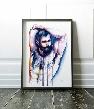 Bearded Man with Raised Arms and Strong, Hairy Chest - Art Print Artist Brenden Sanborn