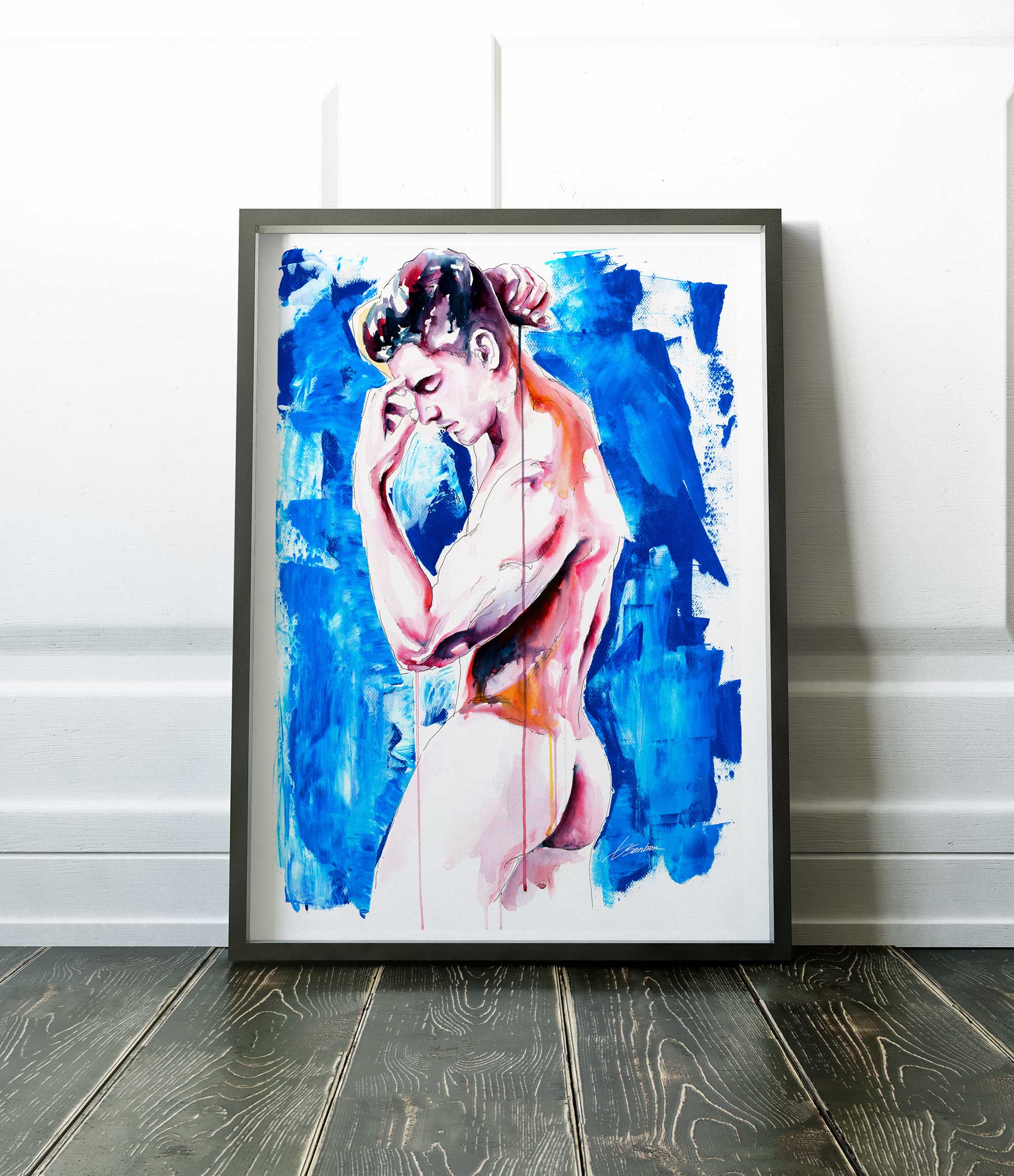 Side Profile of Nude Male with Defined Back and Sculpted Booty - Art Print