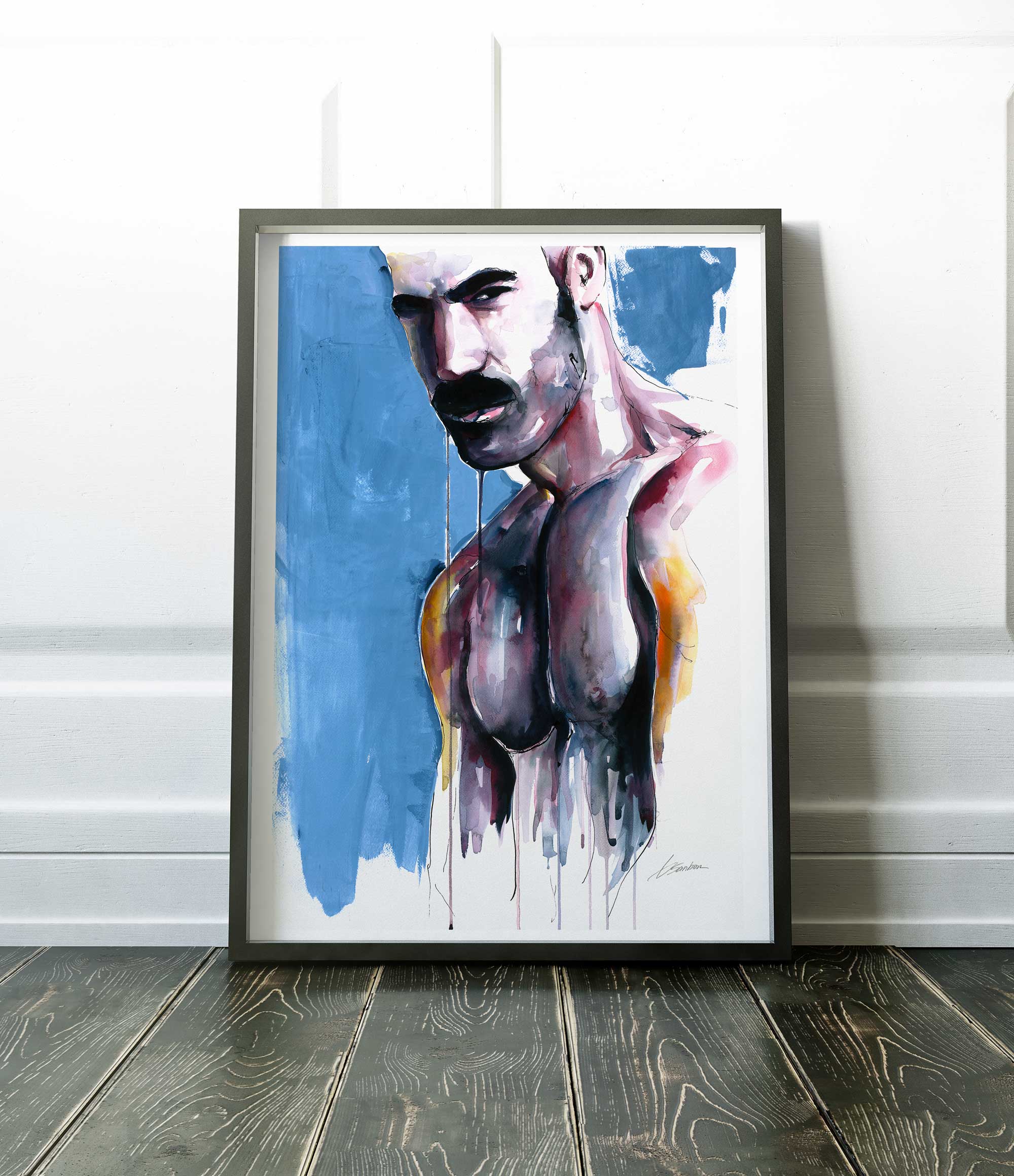 Mustached Male with Broad Shoulders and Intense Gaze - Art Print