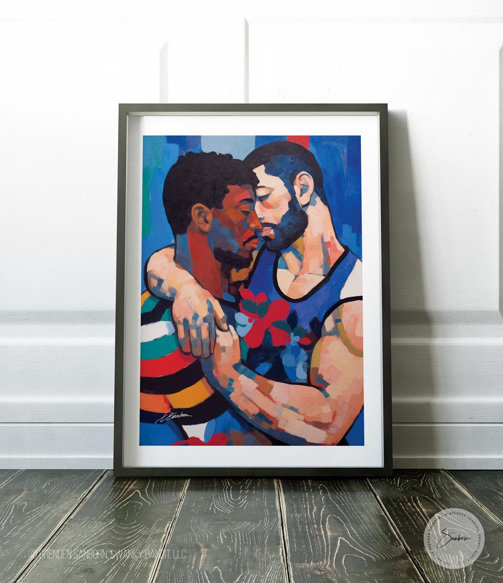 Embrace of Passion: Intimate Gay Lovers with Thick Beards and Embracing Arms - Giclee Art Print