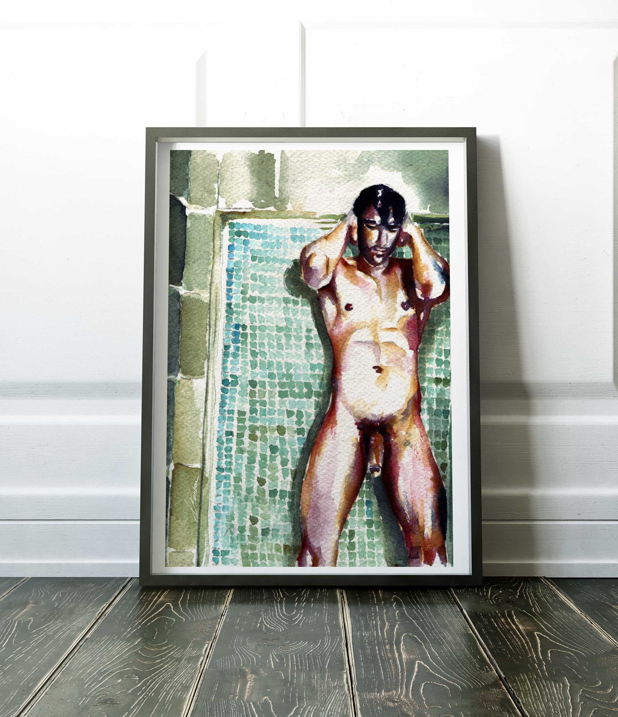 Male Nude Underwater Tiles Resting Against a Mosaic Wall - Art Print