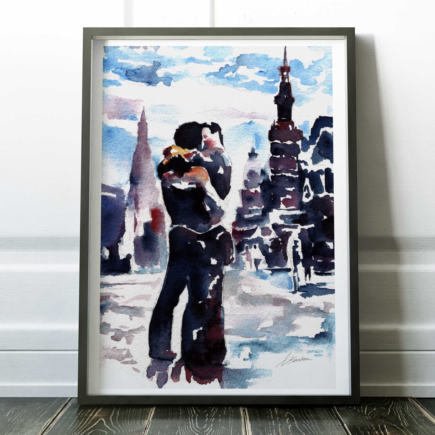 City Lights and Lovers Embracing – Art Print