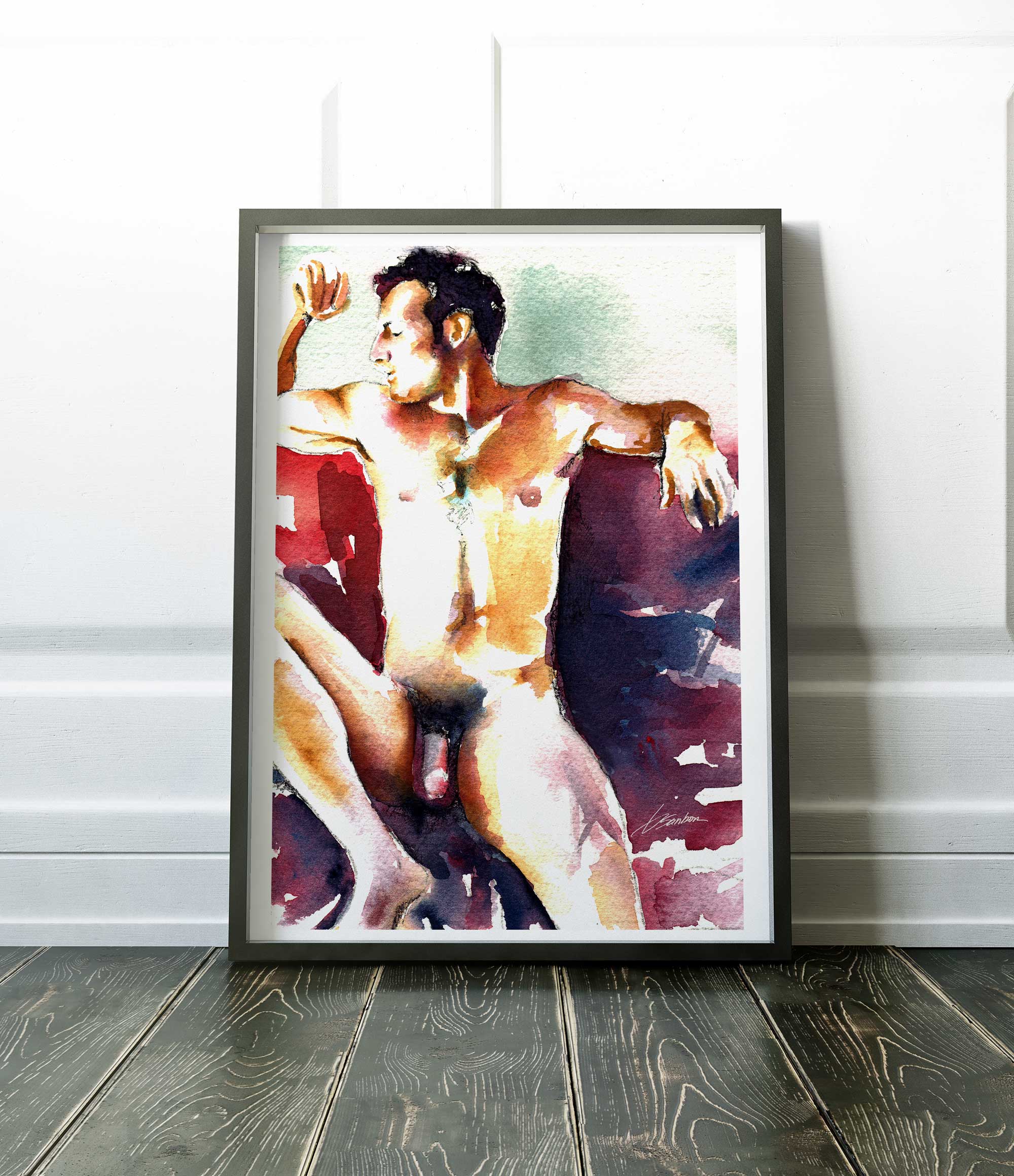 Reclining Male Nude with Strong Arms and Relaxed Expression - Art Print