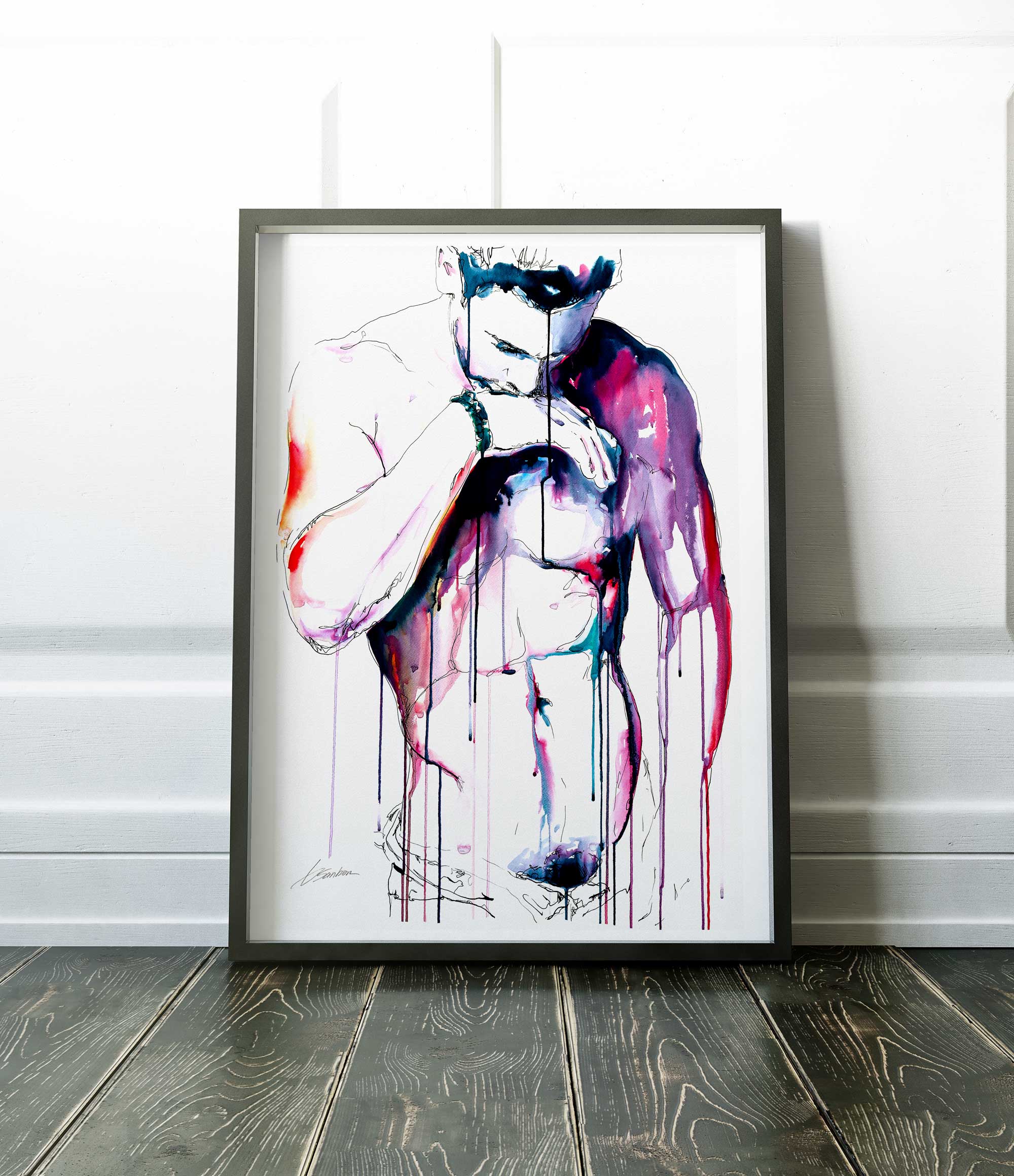 Head Bowed Over Chiseled Abs in a Quiet, Vulnerable Moment - Art Print