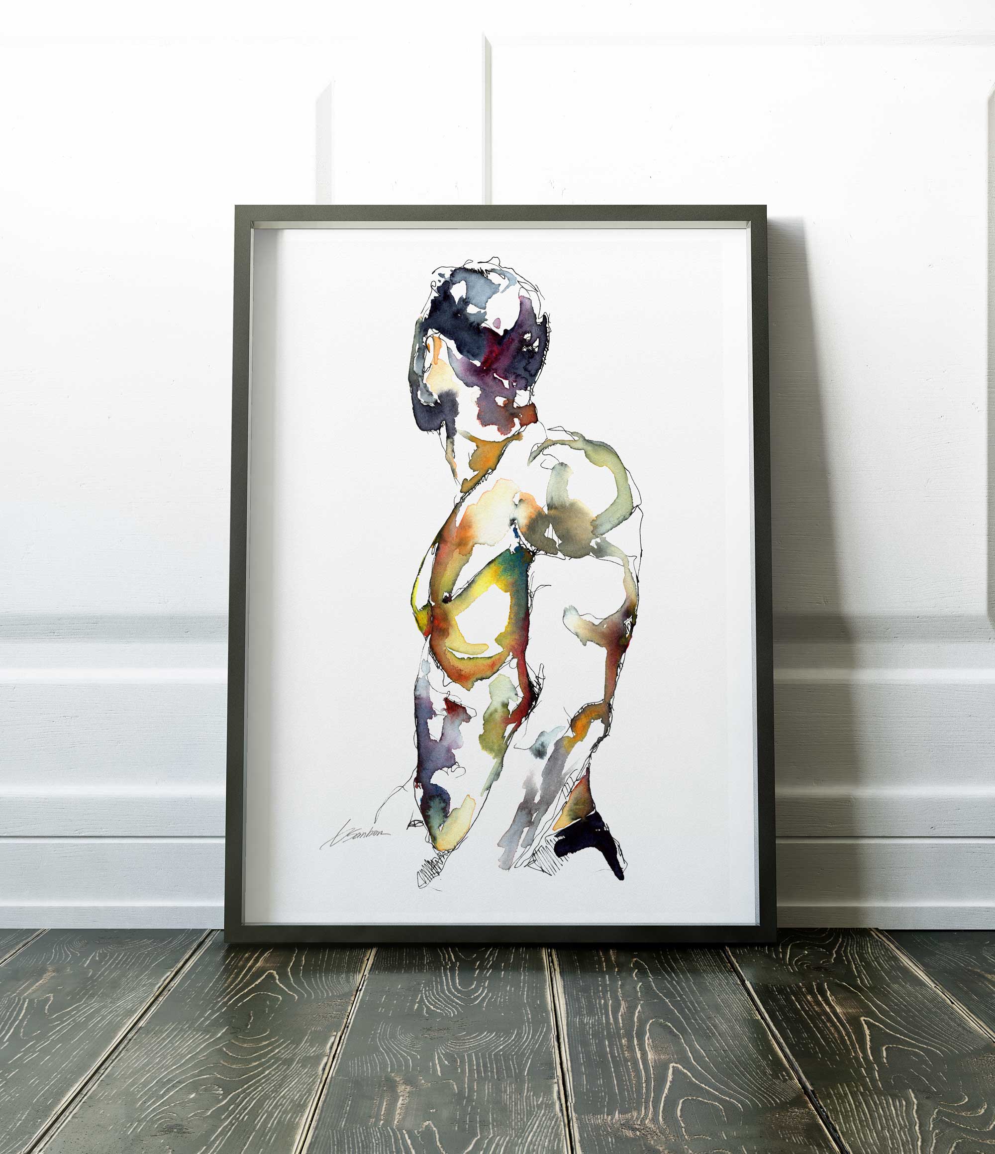 Male Figure in Vibrant Abstraction Looking Away - Art Print