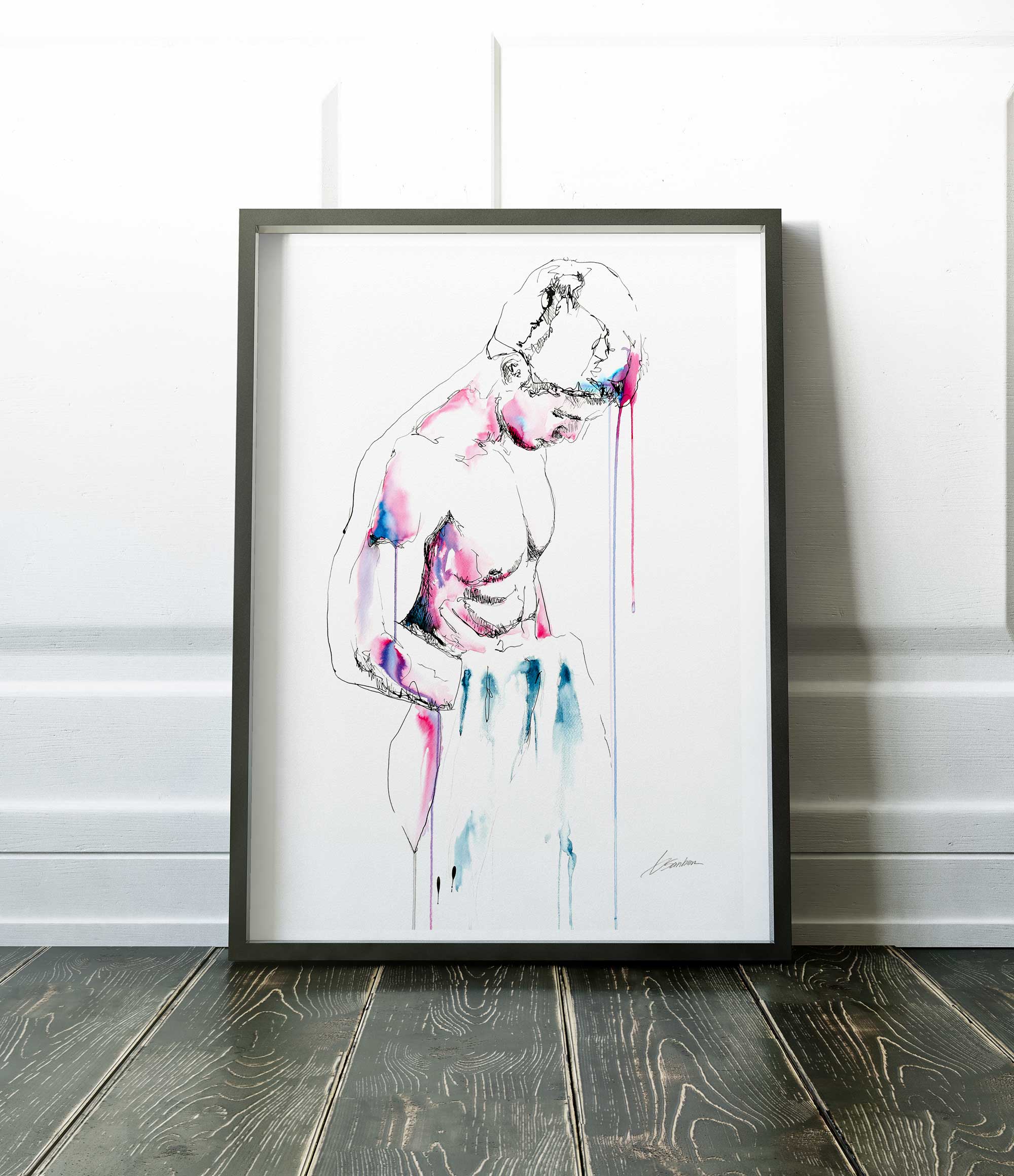 Nude Male Draped in Cloth with Downcast Gaze - Art Print