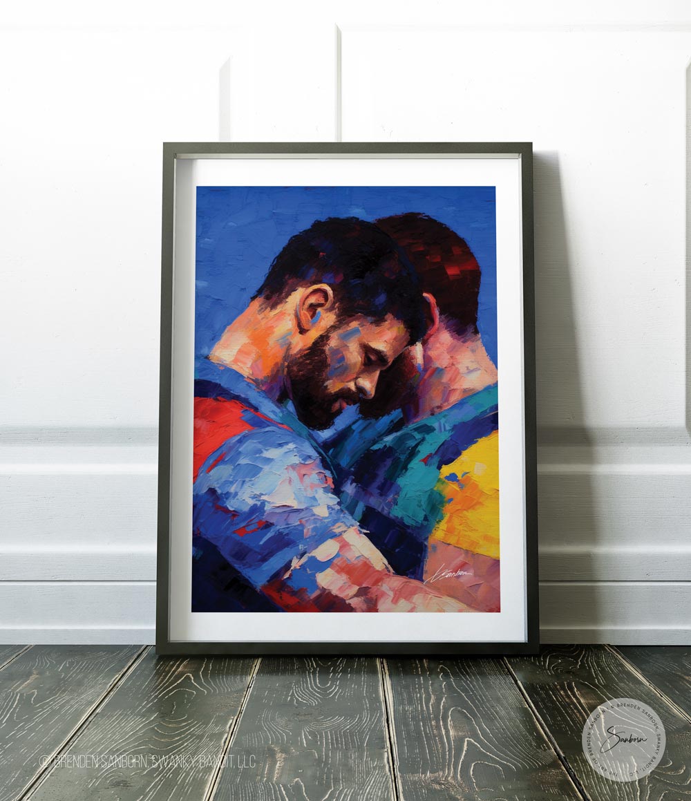Consoling Arms - Oil Painting of Gay Lovers in a Supportive Embrace - Giclee Art Print