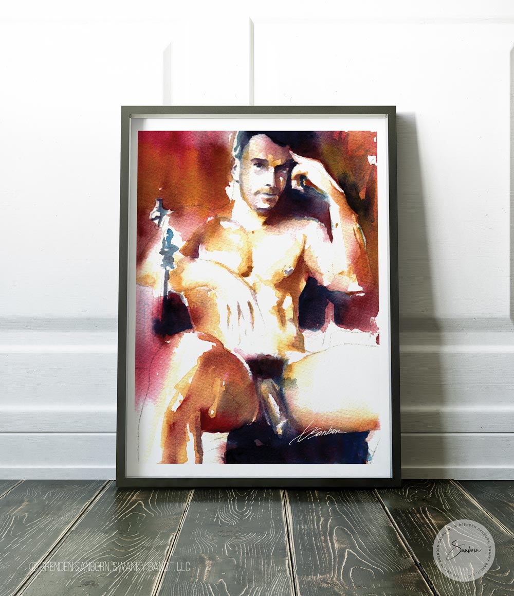 Muscular Man in Chair, Hand to Head, Prominent Pecs, Whisper of a Beard - Giclee Art Print