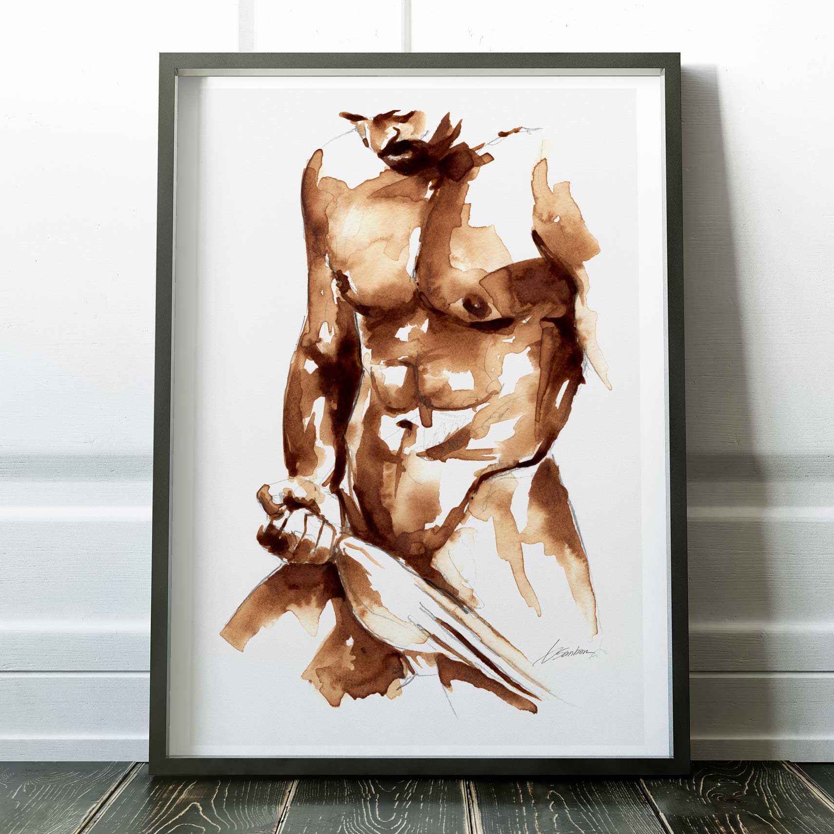 Coffee Nude Pulling Underwear - Art Print