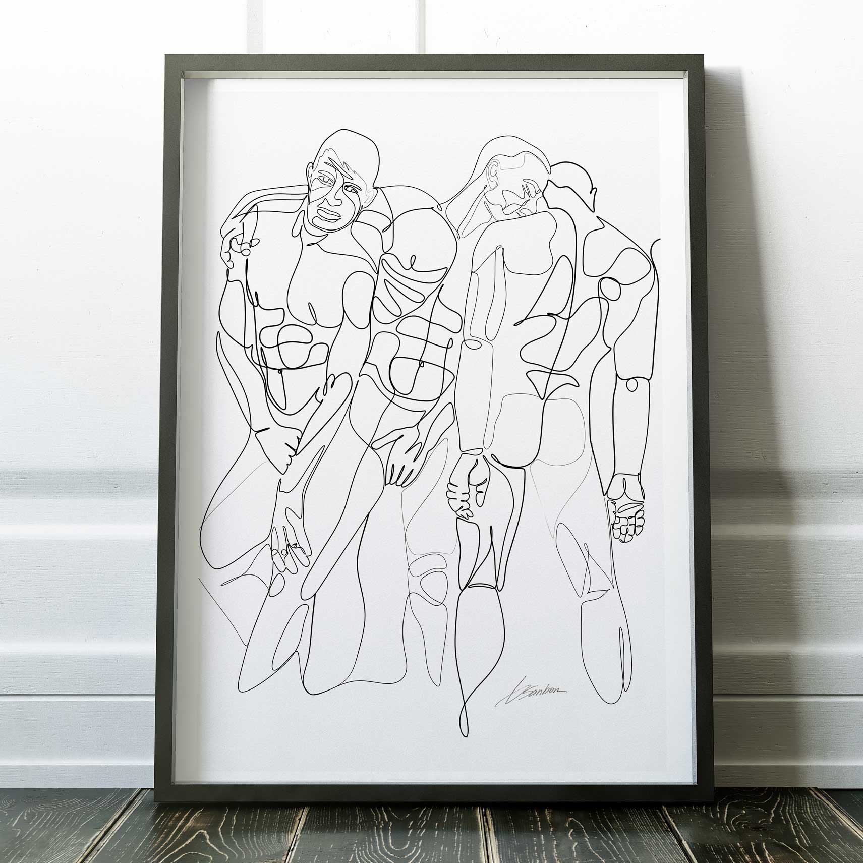 Holding Each Other Together One-Line Drawing of Three Men – Art Print