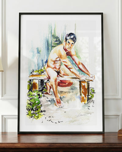 Garden Bench art print in a black frame, shown up close
