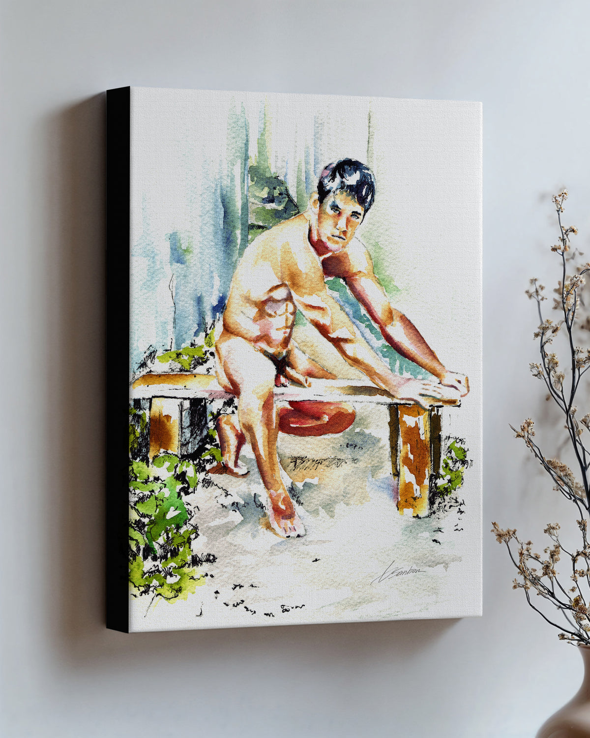Garden Bench on stretched canvas with black edges, hung on a wall and seen at an angle
