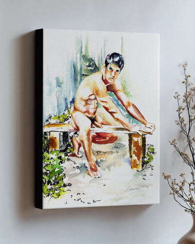 Garden Bench on stretched canvas with black edges, hung on a wall and seen at an angle