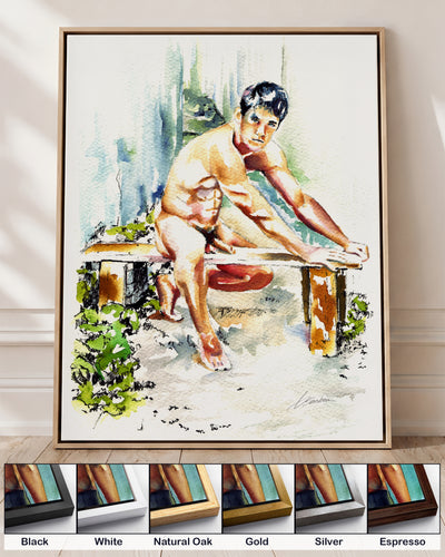 Garden Bench on canvas in a natural oak floating frame, with corner samples of all six frame colors: black, white, natural oak, gold, silver and espresso