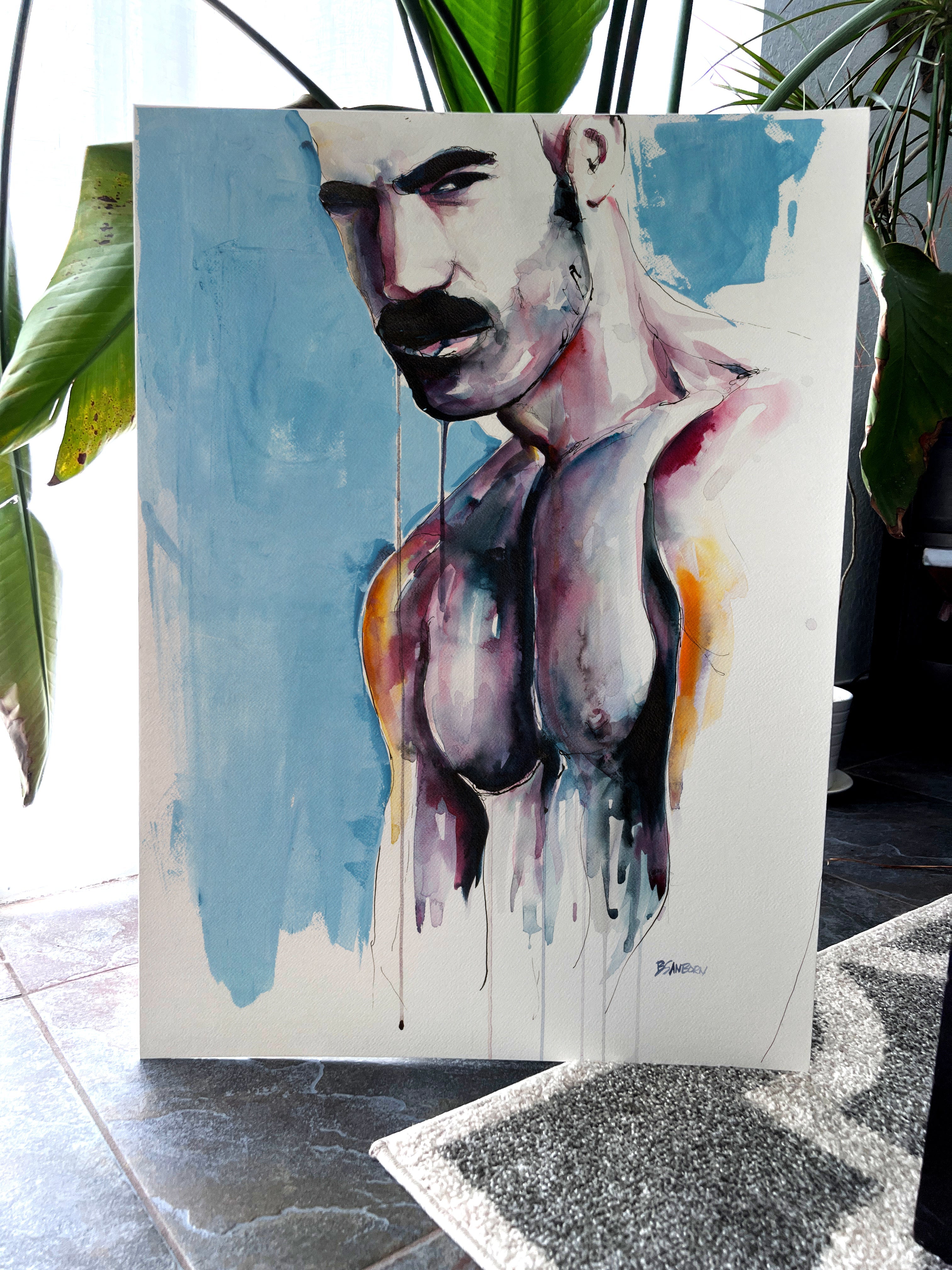 Bearded male torso original watercolor painting 22x30 expressive drip art by Brenden Sanborn