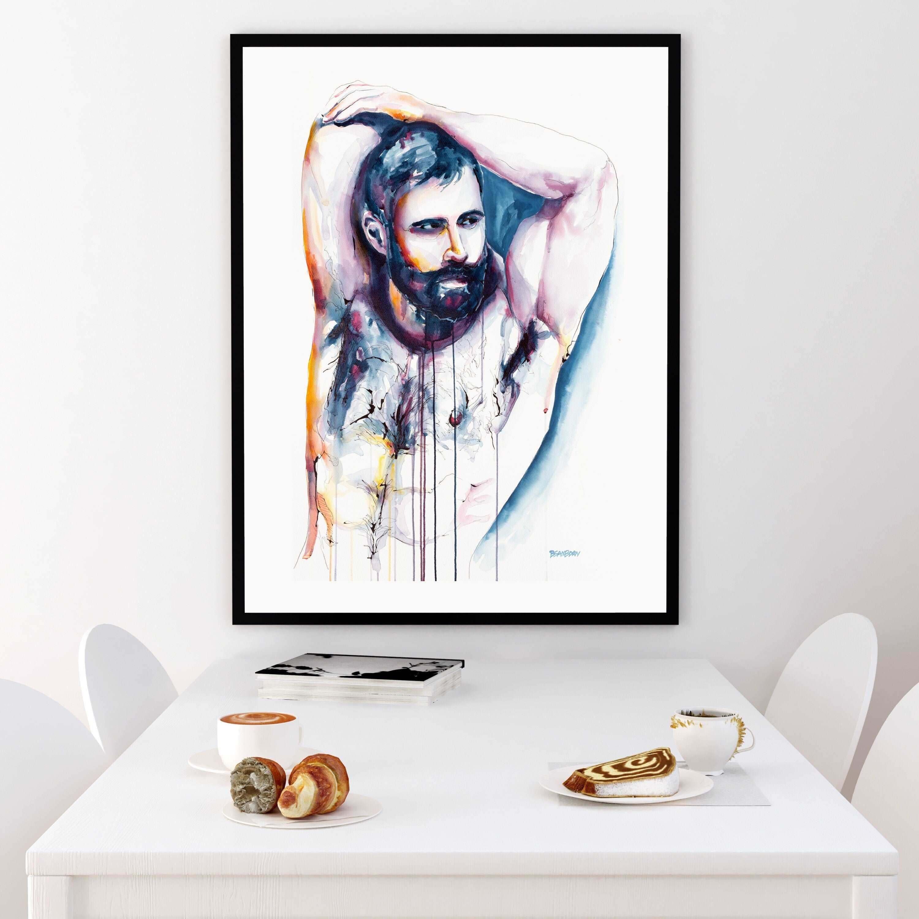 Hairy Chested Nude Male Art Painted in Watercolor Drip-style