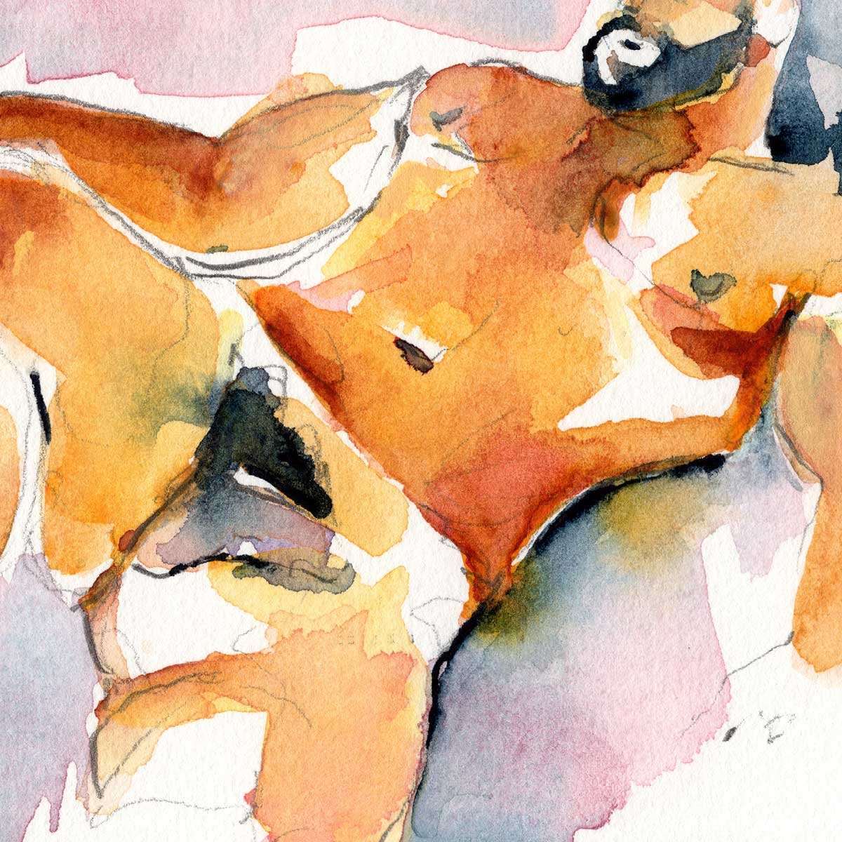 Handsome Furry Bear in Bed - Original Watercolor Painting