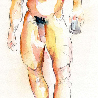 Hairy Chested Man Holding a Glass Full Nude - Original Watercolor Painting Artist Brenden Sanborn