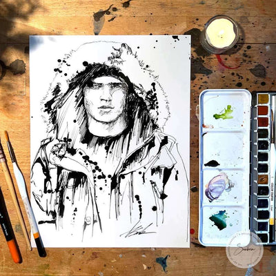 Man with Handsome Eyes in Winter Coat - Original Ink on Paper Artist Brenden Sanborn