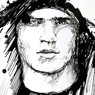 Man with Handsome Eyes in Winter Coat - Original Ink on Paper Artist Brenden Sanborn