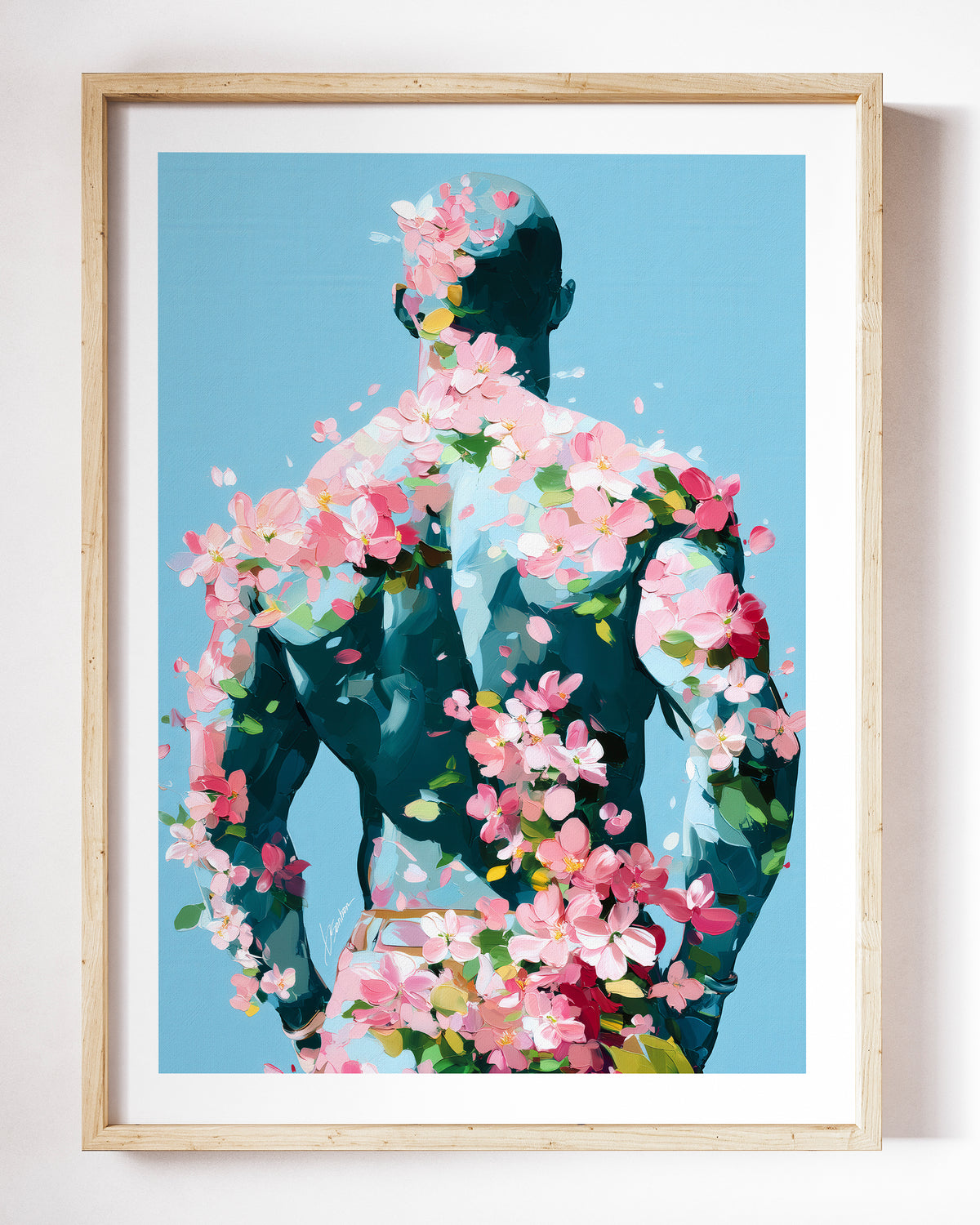 In Full Bloom art print by Brenden Sanborn, a man seen from behind with pink and white blossoms spilling down his back on a blue background, shown in a light wood frame