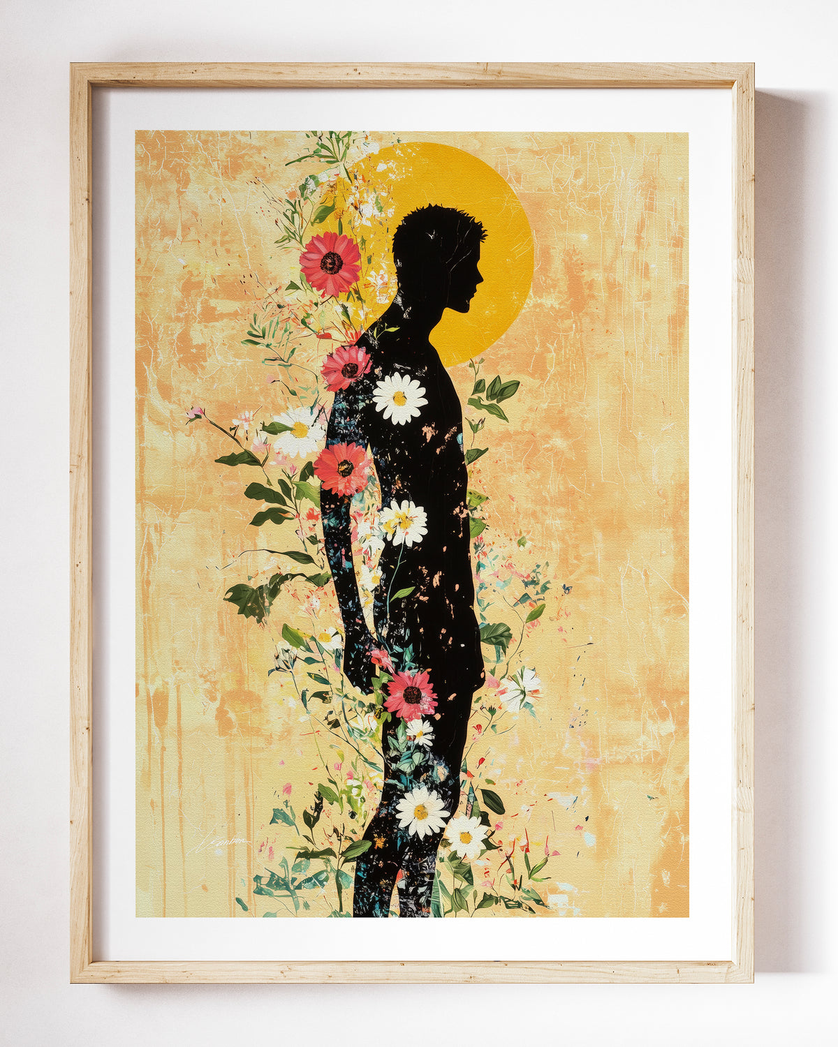 Inner Garden art print by Brenden Sanborn, a dark silhouette in profile with flowers blooming inside his body and a sun behind his head, shown in a light wood frame