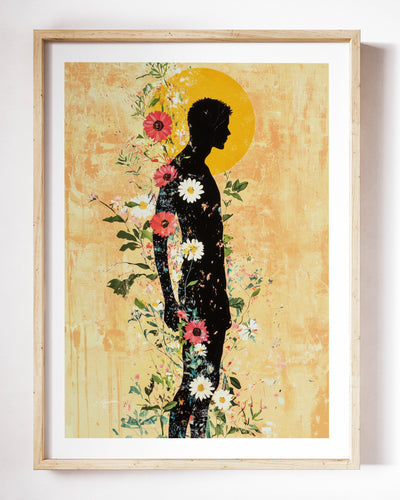 Inner Garden art print by Brenden Sanborn, a dark silhouette in profile with flowers blooming inside his body and a sun behind his head, shown in a light wood frame