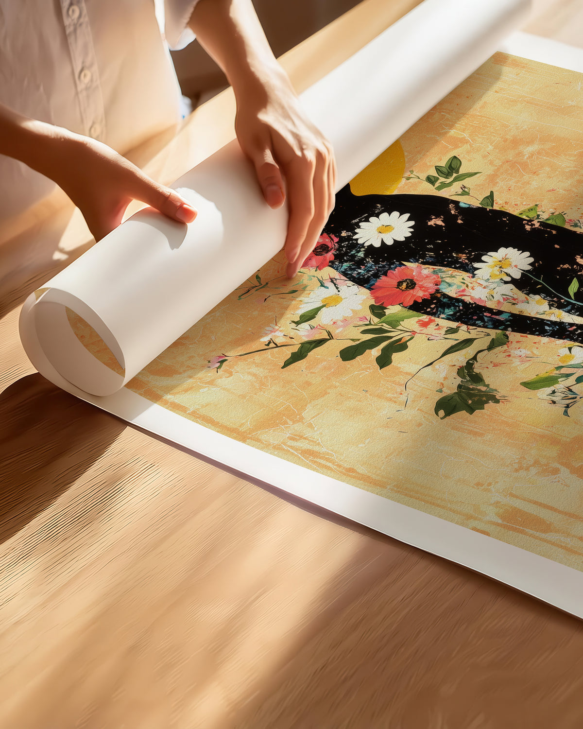 Hands unrolling the Inner Garden fine art paper print, showing the white border