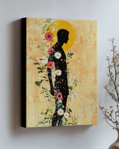 Inner Garden on stretched canvas with black edges, hung on a wall and seen at an angle