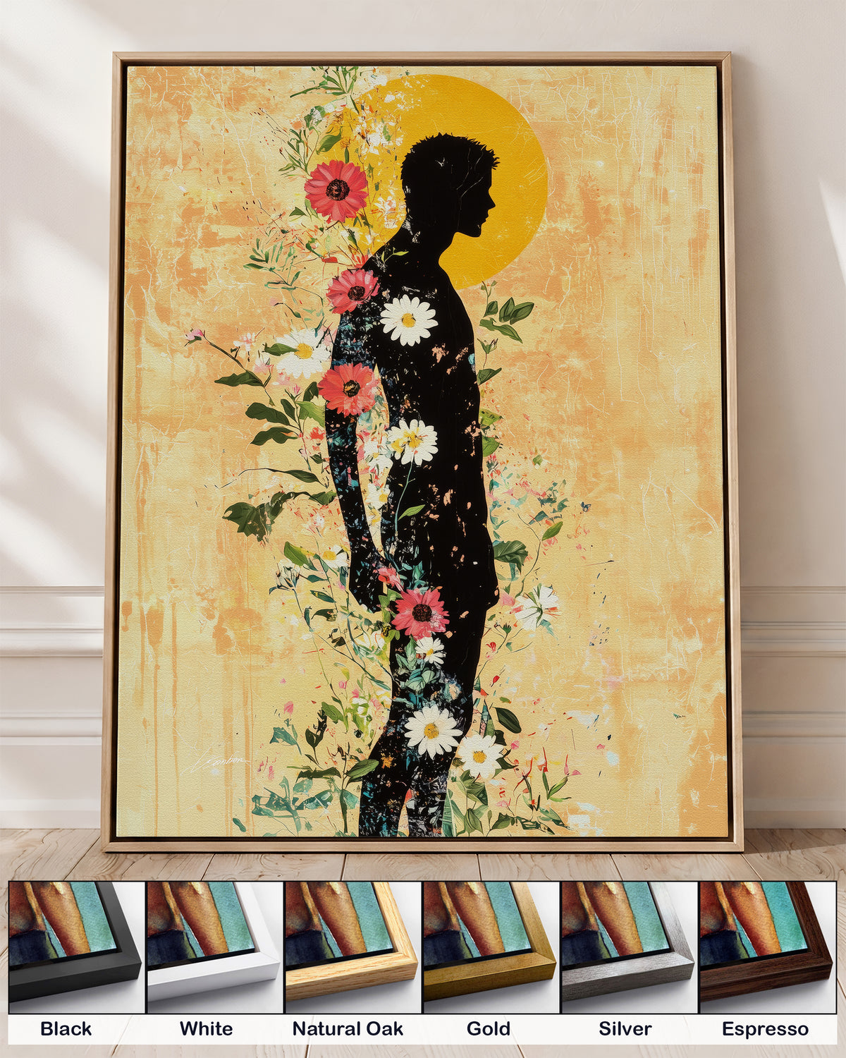 Inner Garden on canvas in a natural oak floating frame, with corner samples of all six frame colors: black, white, natural oak, gold, silver and espresso