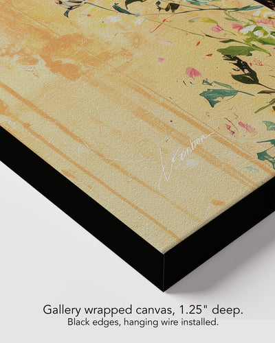 Corner of Inner Garden on gallery wrapped canvas, 1.25 inches deep, with black edges and hanging wire installed