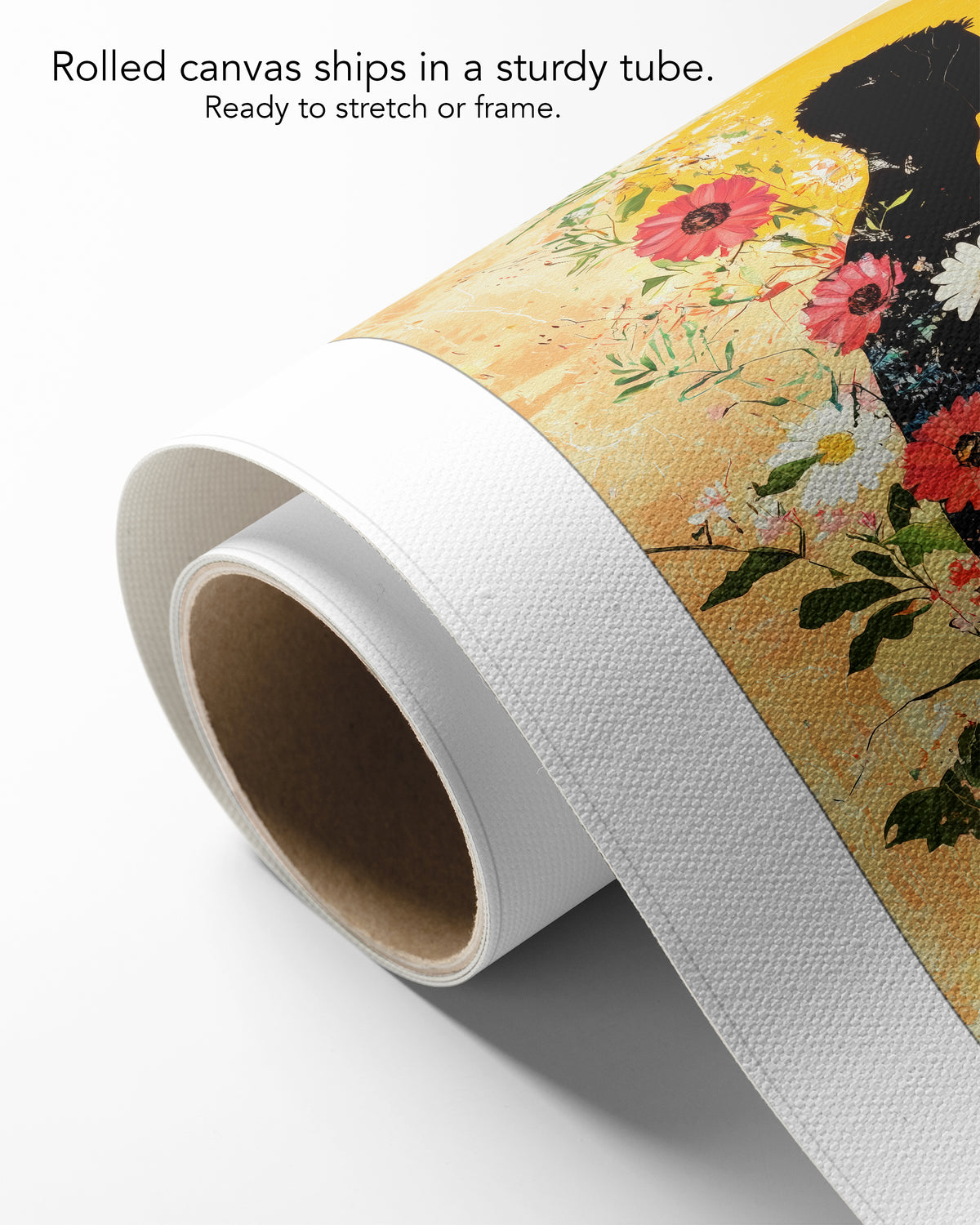 Inner Garden on rolled canvas with a white border, curling off its cardboard core