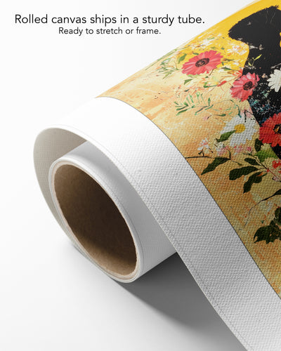 Inner Garden on rolled canvas with a white border, curling off its cardboard core