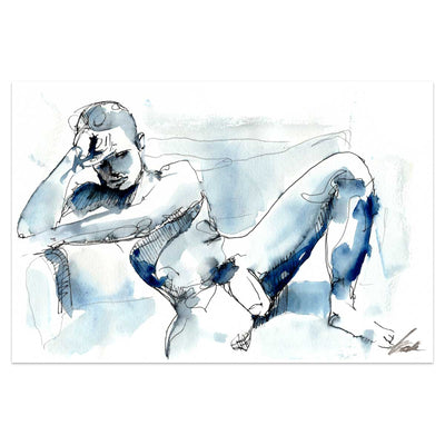 Relaxed Poise - Muscular Figure on Sofa - 6x9" Original Painting Artist Brenden Sanborn