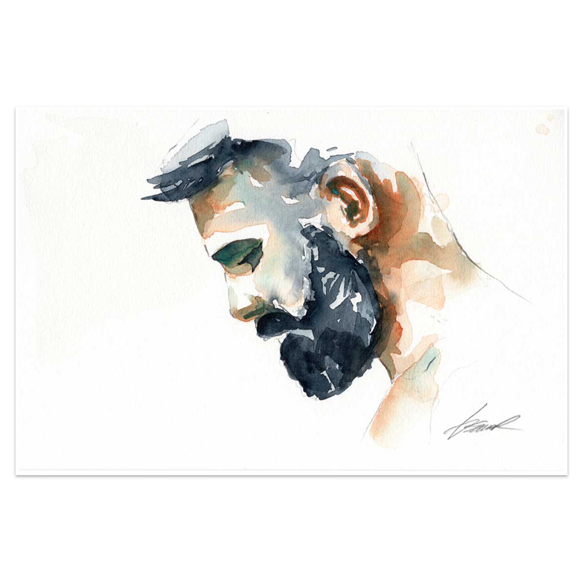 Thoughtful Gaze - Bearded Profile in Earth Tones - Original Art