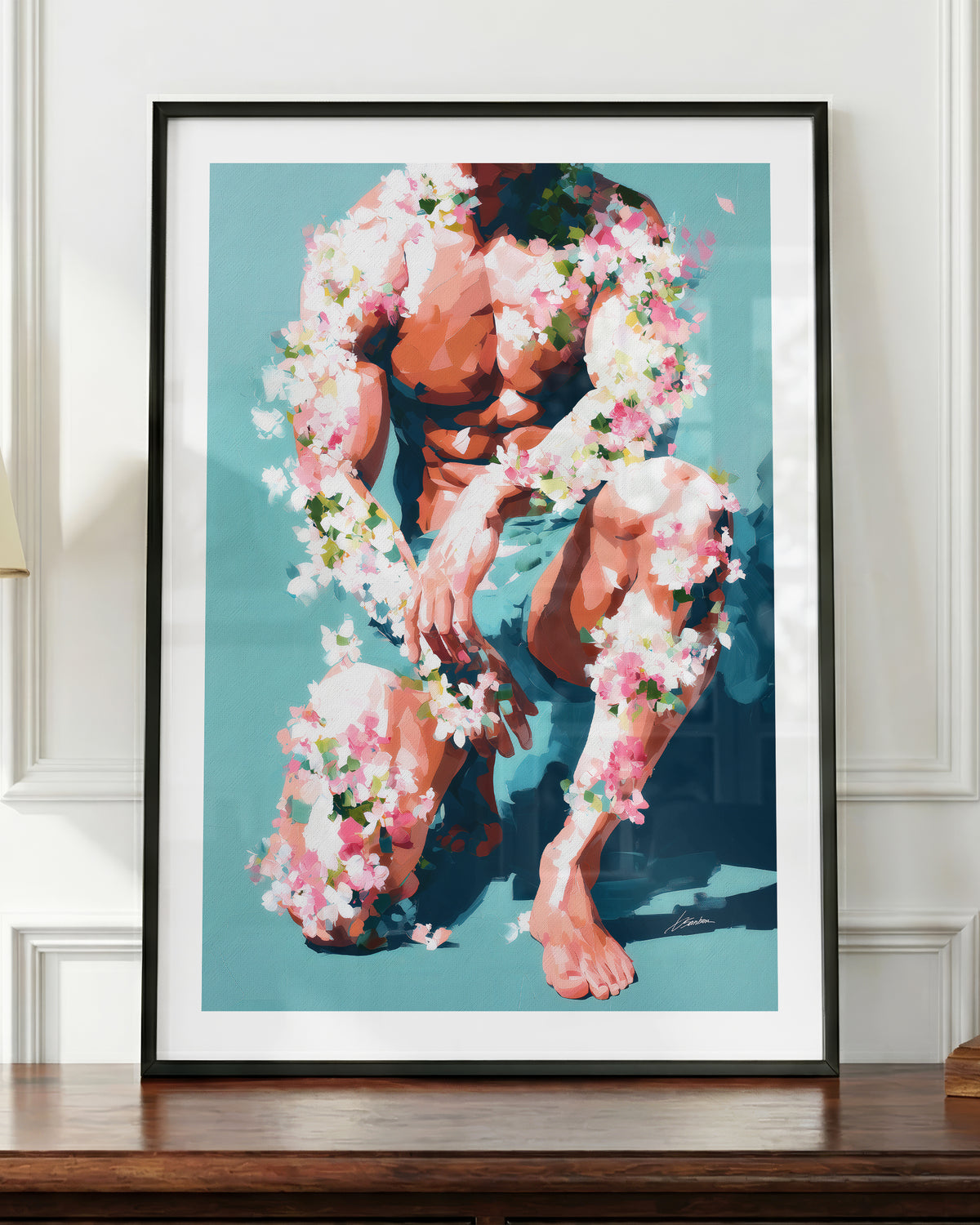 Low Bloom art print in a black frame, shown up close