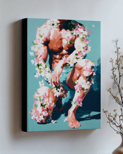 Low Bloom on stretched canvas with black edges, hung on a wall and seen at an angle