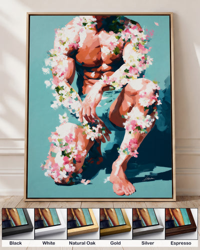 Low Bloom on canvas in a natural oak floating frame, with corner samples of all six frame colors: black, white, natural oak, gold, silver and espresso