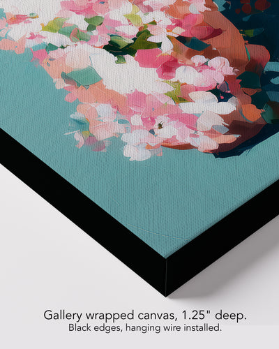 Corner of Low Bloom on gallery wrapped canvas, 1.25 inches deep, with black edges and hanging wire installed