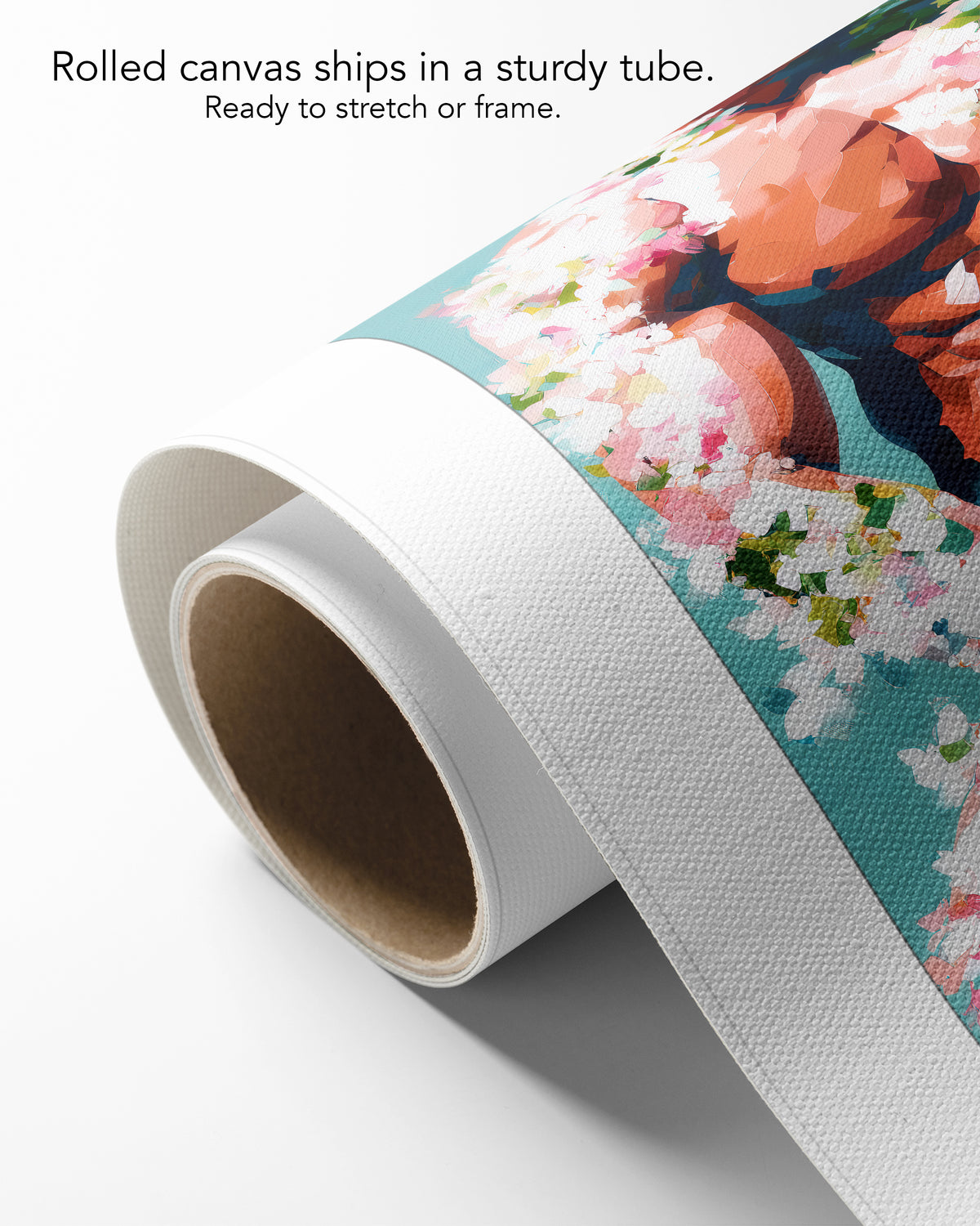 Low Bloom on rolled canvas with a white border, curling off its cardboard core