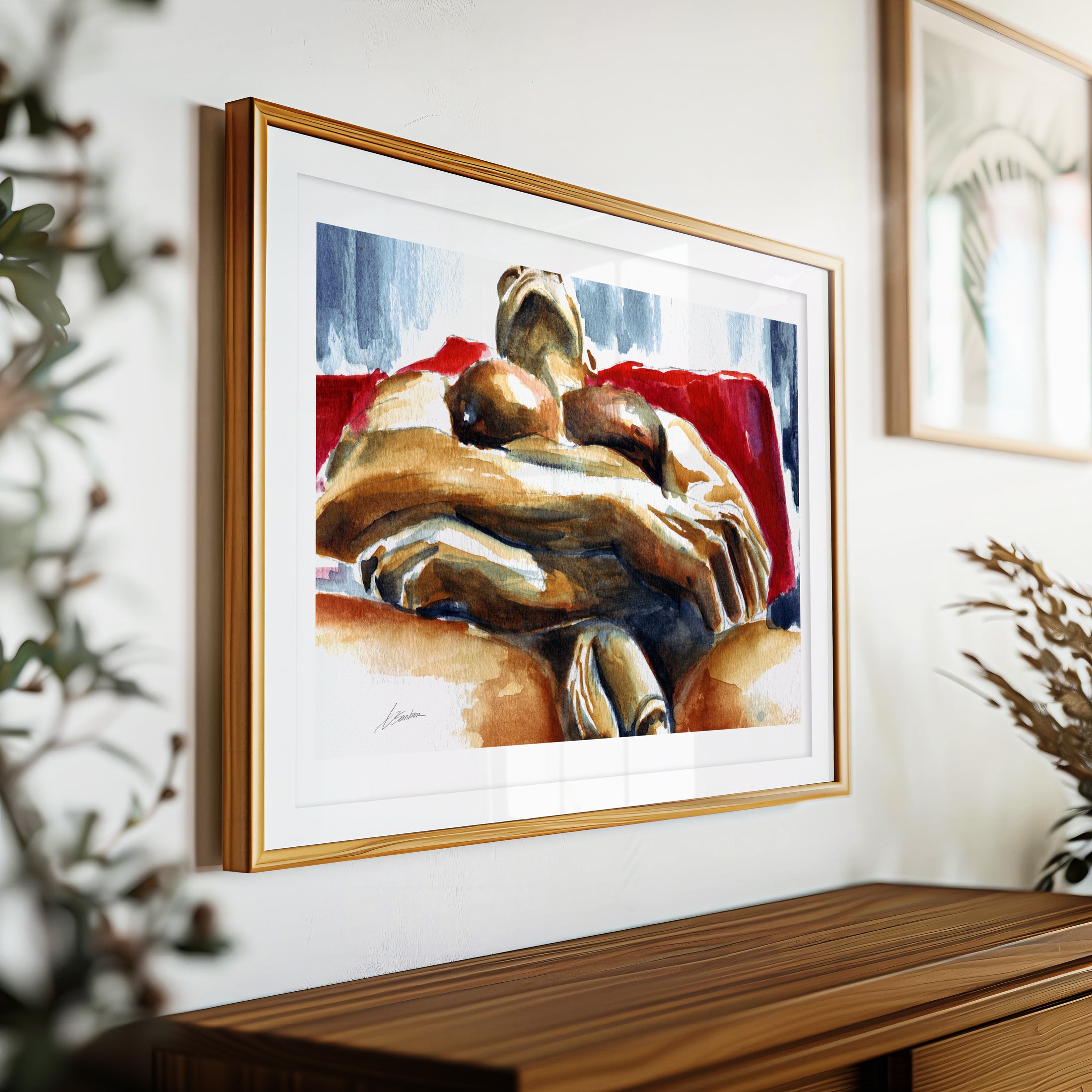 Reclined Male Nude Resting on Red - Art Print