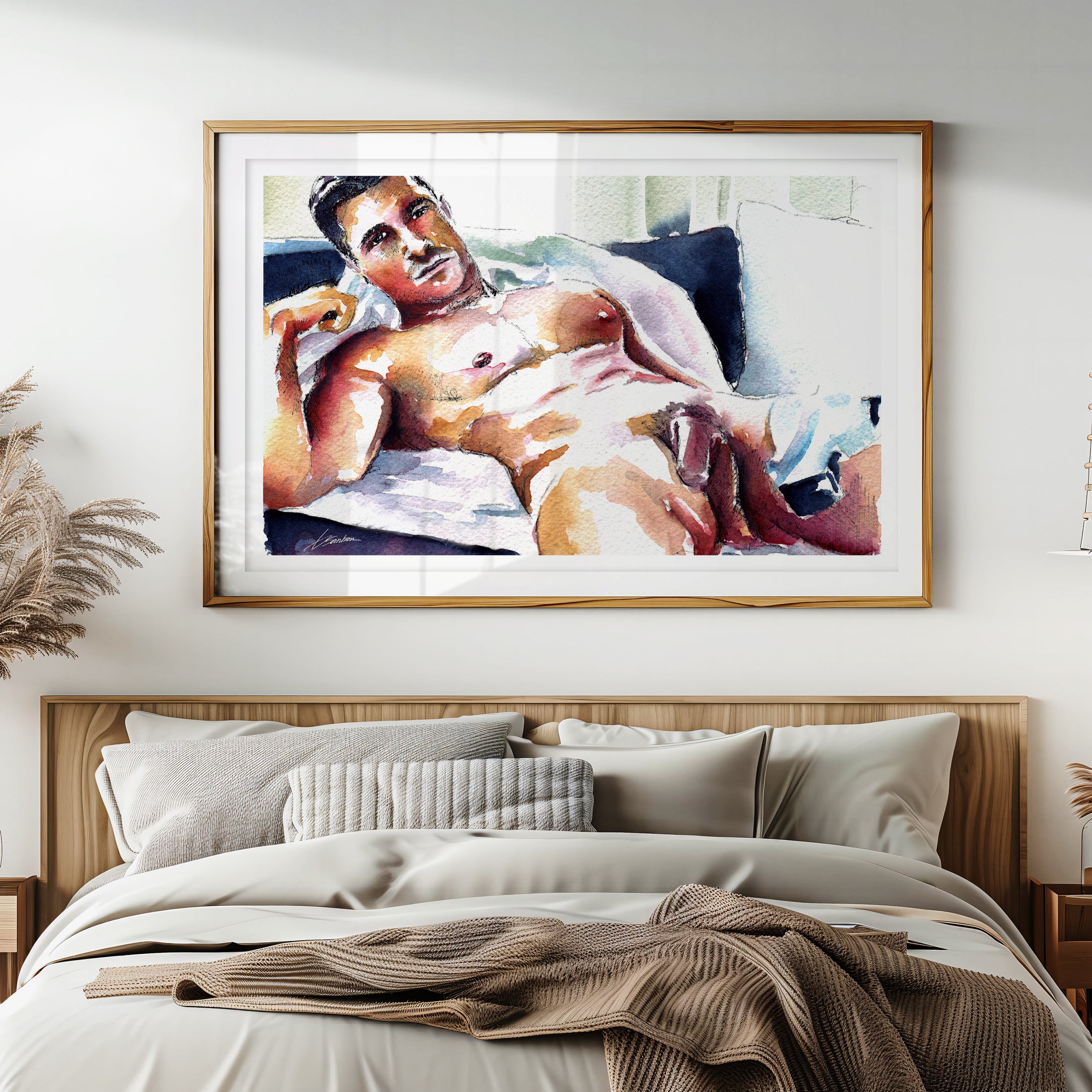 Male Nude Resting on White Sheets - Art Print