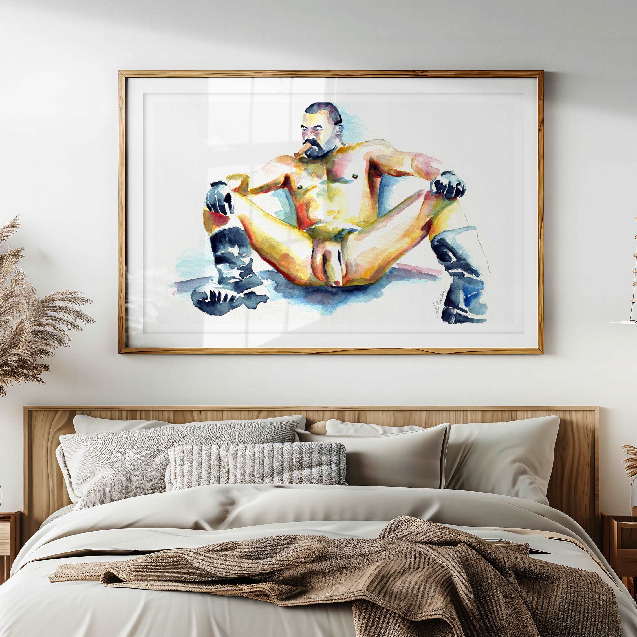 Bearded Man with Cigar and Boots Relaxing - Art Print