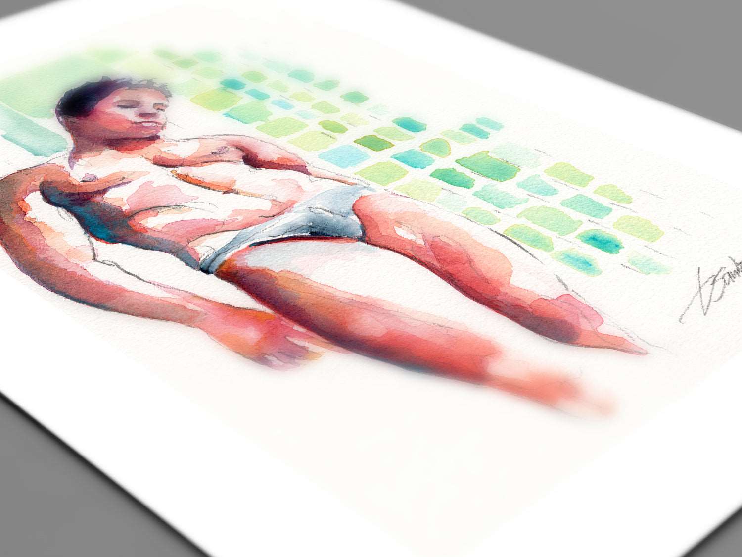 Male Swimmer Leaning in a Speedo - Original Watercolor Painting