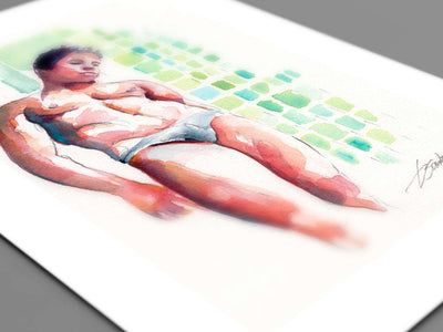 Male Swimmer Leaning in a Speedo - Original Watercolor Painting Artist Brenden Sanborn