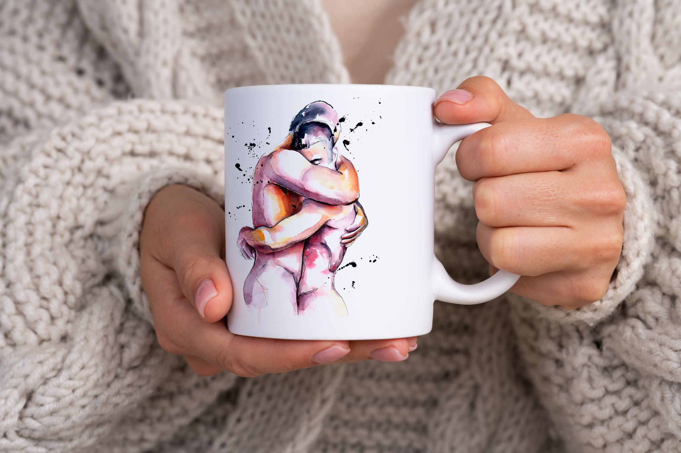 Two Nude Men Embracing in Watercolor – 11oz & 15oz Mugs