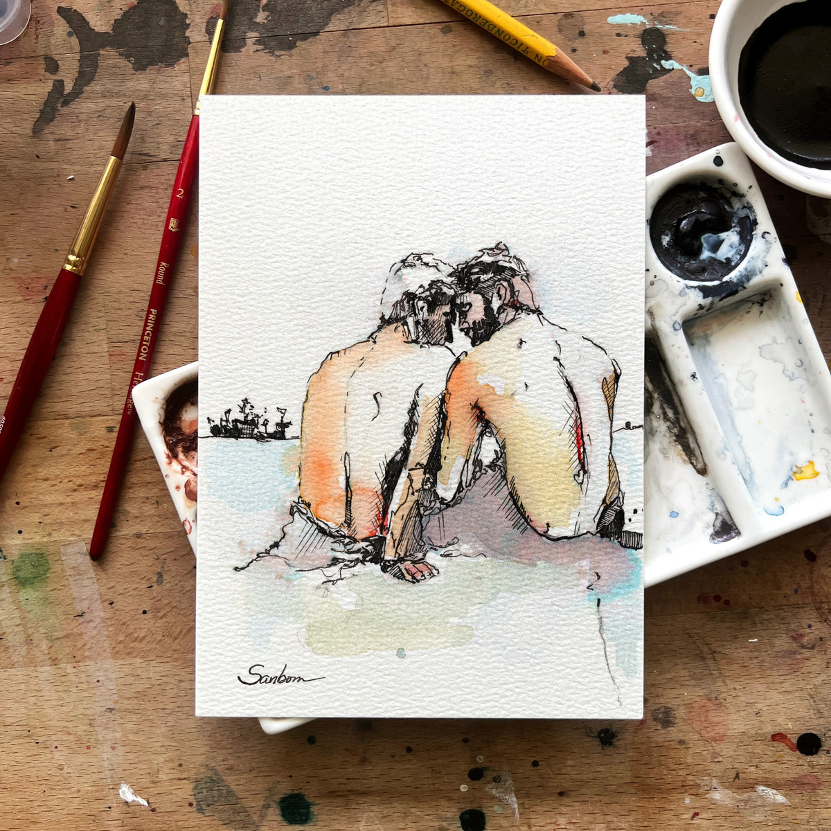 Original watercolor and ink painting of two men sitting together on the studio table with brushes and paint, Original Paintings by Brenden Sanborn