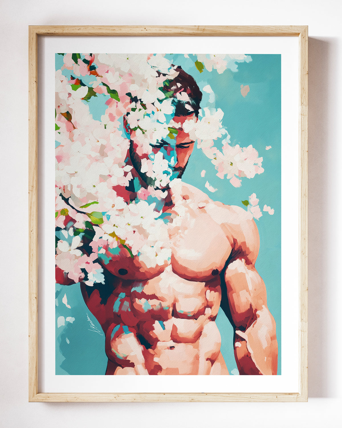 Pale Weather art print by Brenden Sanborn, a muscular torso with white and pink blossoms drifting over the face and shoulders, shown in a light wood frame