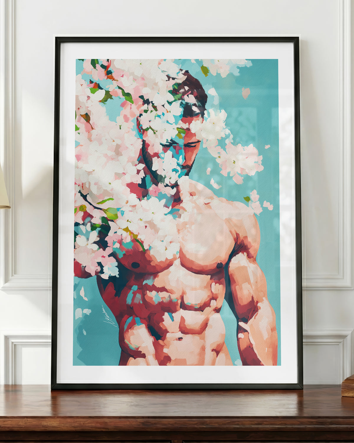 Pale Weather art print in a black frame, shown up close