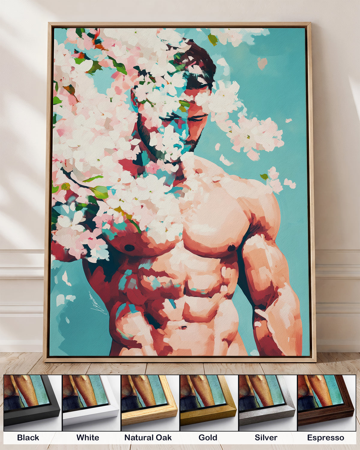 Pale Weather on canvas in a natural oak floating frame, with corner samples of all six frame colors: black, white, natural oak, gold, silver and espresso